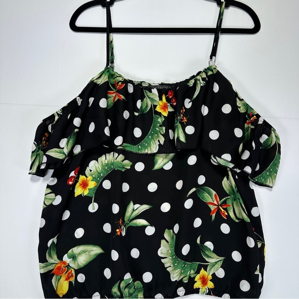 Suzy Shier Cold Shoulder Blouse Tropical Polka Dot Ruffle Black Green Size L NWT